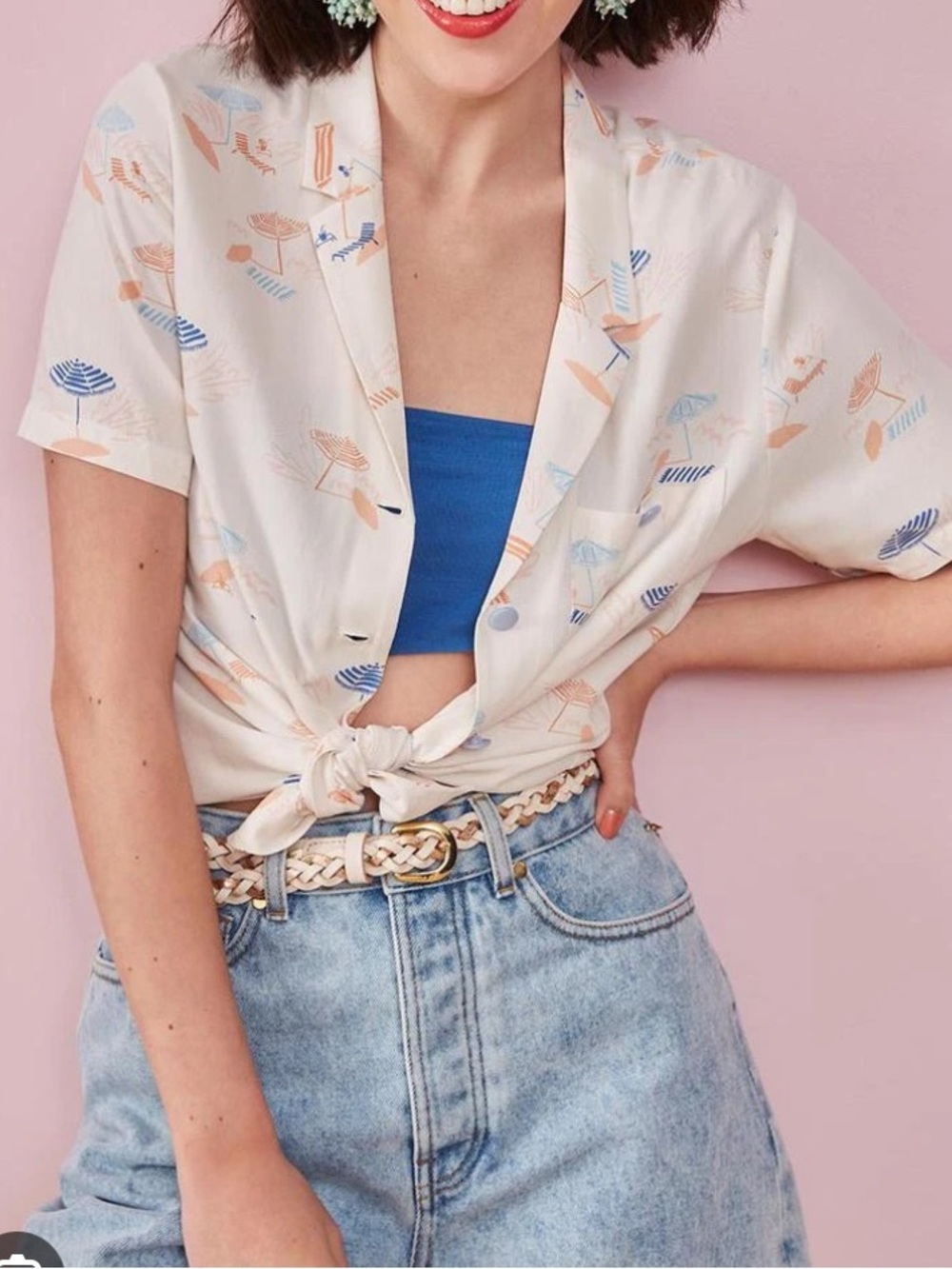 Button-Front Cream Short Sleeve Shirt with Pastel Print